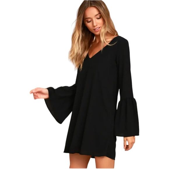 Lulus Dresses & Skirts - Line new Far Wanderings Black Long ruffle Sleeve Shift Dress size XS